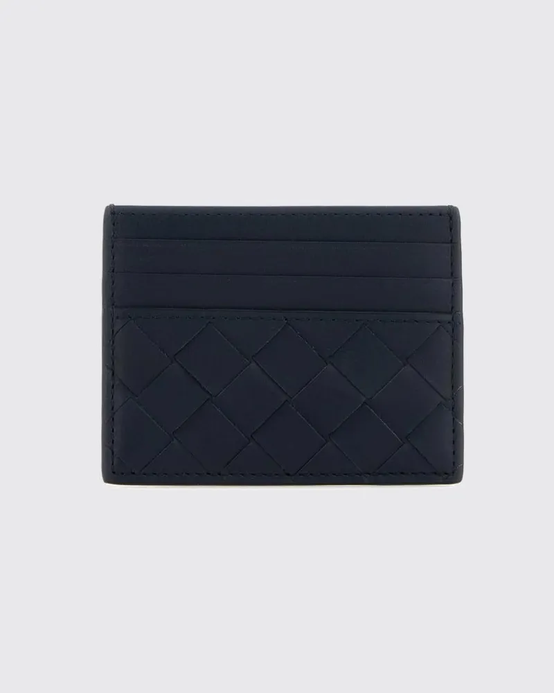 Bottega Veneta Flaches Kartenetui aus geflochtenem Kalbsleder mit sieben Fächern Blau
