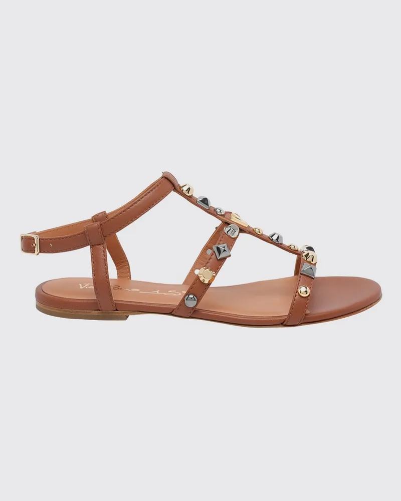 Via Roma 15 Flache T-Steg-Sandalen aus glattem Kalbsleder mit Nieten Braun