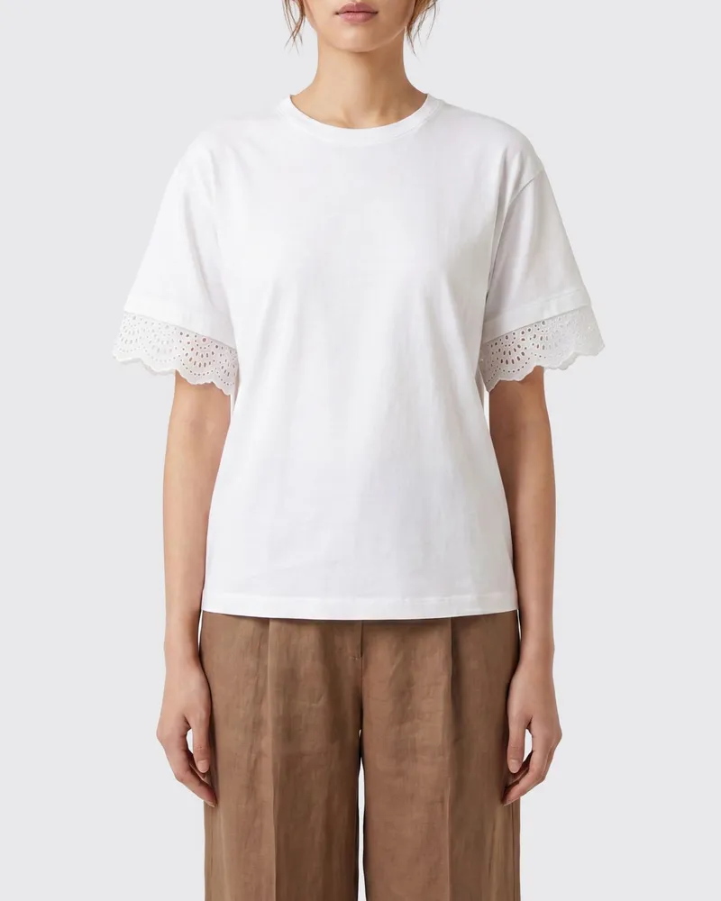 Alberta Ferretti Kurzärmeliges Baumwoll-T-Shirt mit gesticktem Logo auf der Rückseite Weiß