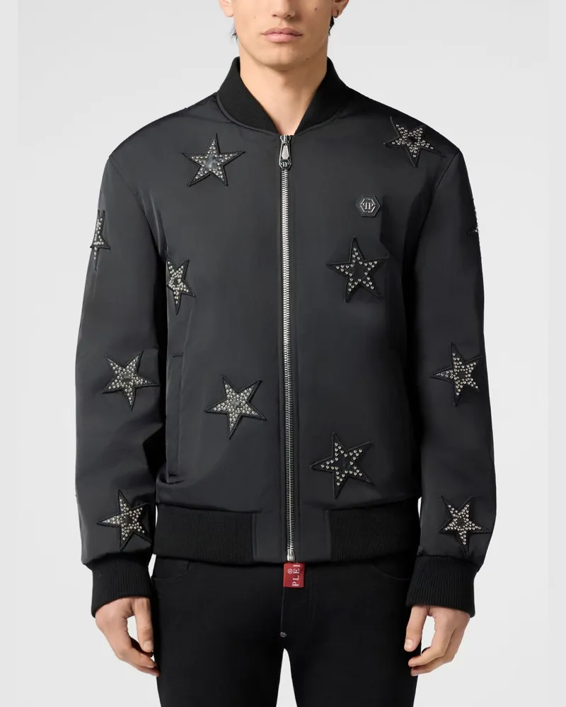 Philipp Plein Bomberjacke aus technischem Stretch-Gewebe mit Sternen-Print Schwarz