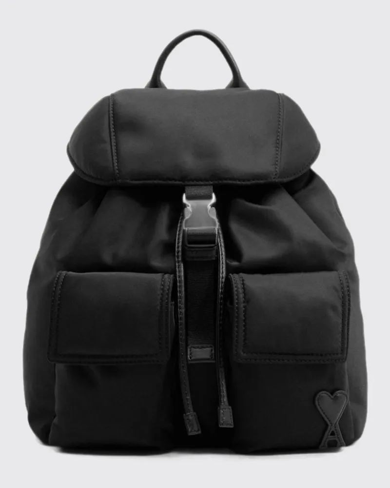 AMI Paris Marcel Rucksack aus Nylon mit Klappe und Schnallenverschluss Schwarz