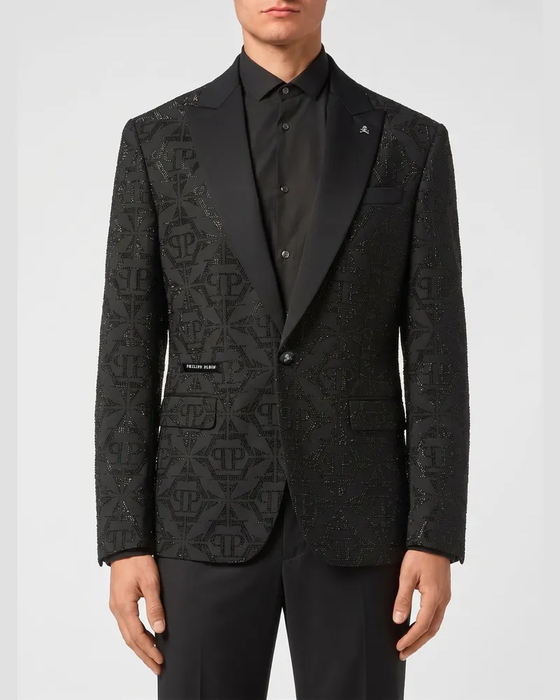 Philipp Plein Einreihiger Wollblazer mit Allover-Kristallen Schwarz