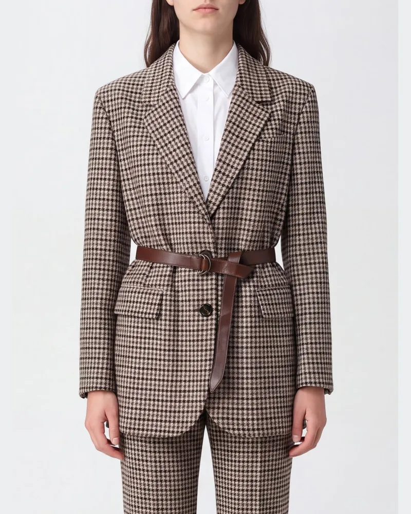 Brunello Cucinelli Einreihiger Blazer aus Wollmischung mit Hahnentrittmuster und Gürtel Natural