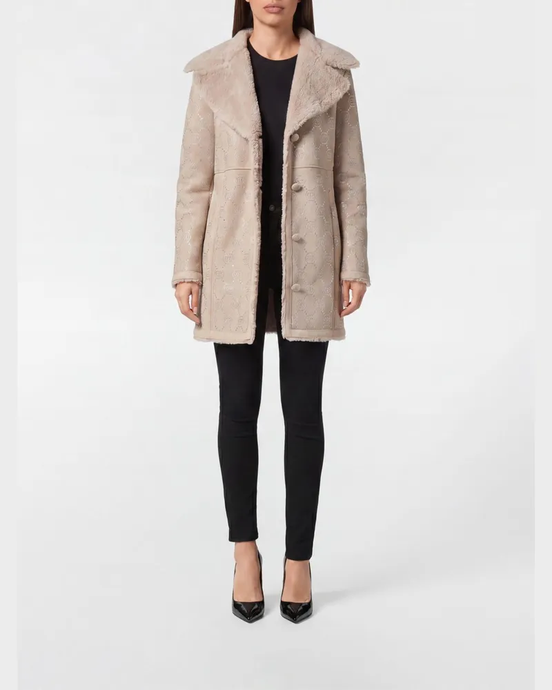 Philipp Plein Einreihiger Shearling-Mantel mit Strass-Hexagon-Logo Beige