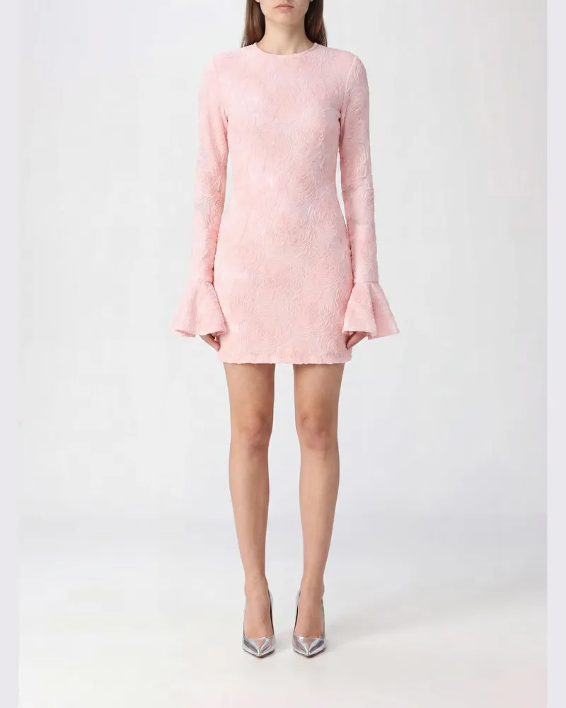 ROTATE Birger Christensen Slim Fit Mini-Etuikleid aus Mesh mit Blumendruck und langen Ärmeln Pink