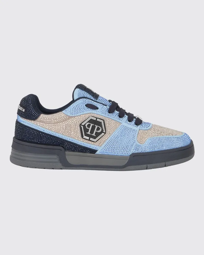 Philipp Plein P-Force Leder-Sneakers mit Monogramm und Kristallen Blau