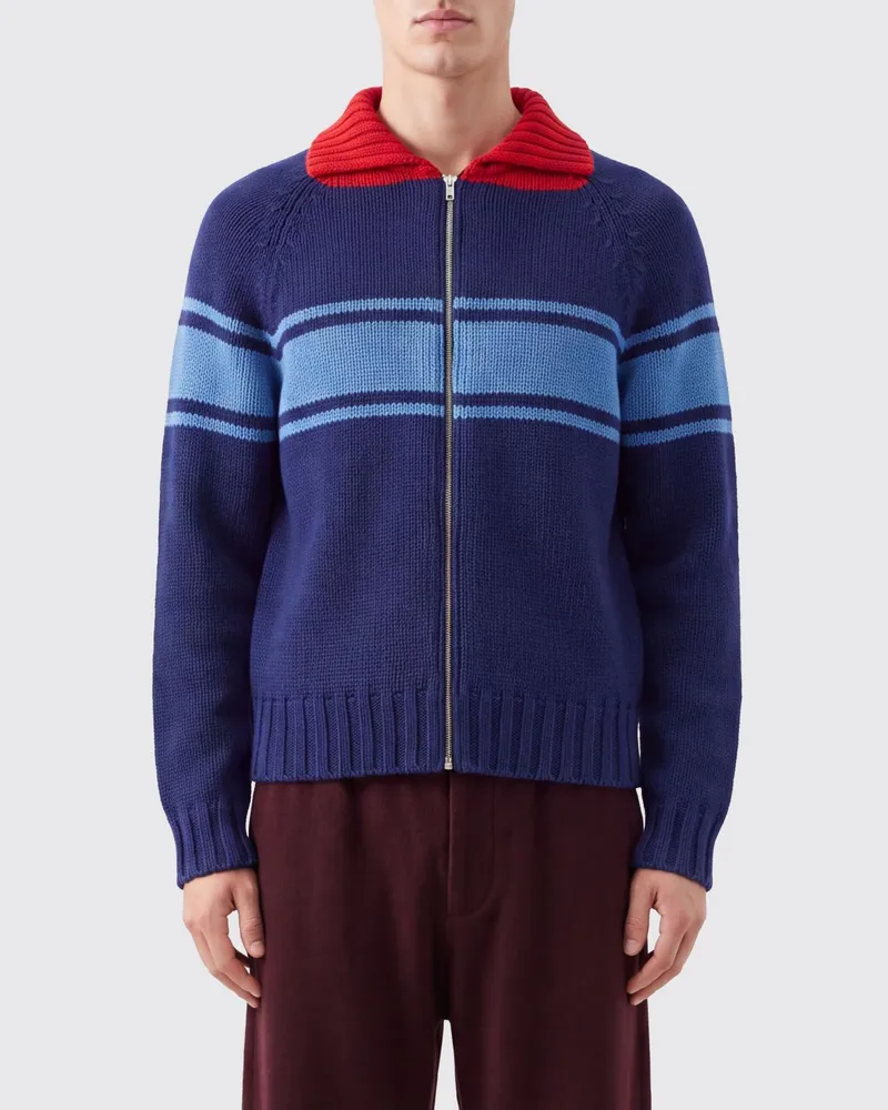 Marni Gestreifter Baumwoll-Cardigan mit Reißverschluss und Rollkragen Blau