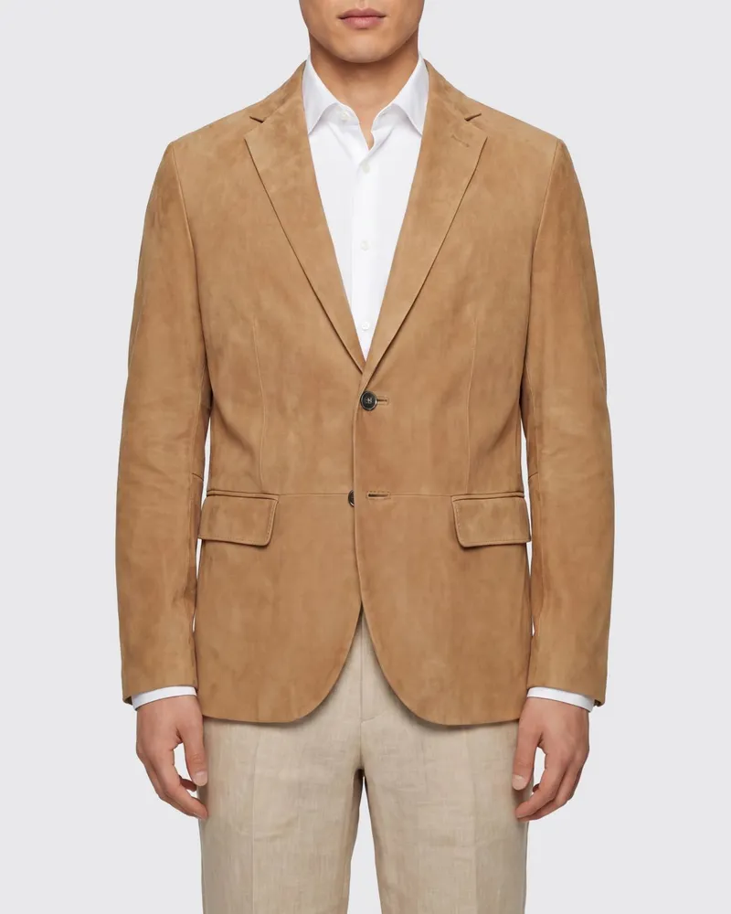HUGO BOSS Einreihiger Wildleder-Blazer mit Stehkragen und Pattentaschen Beige