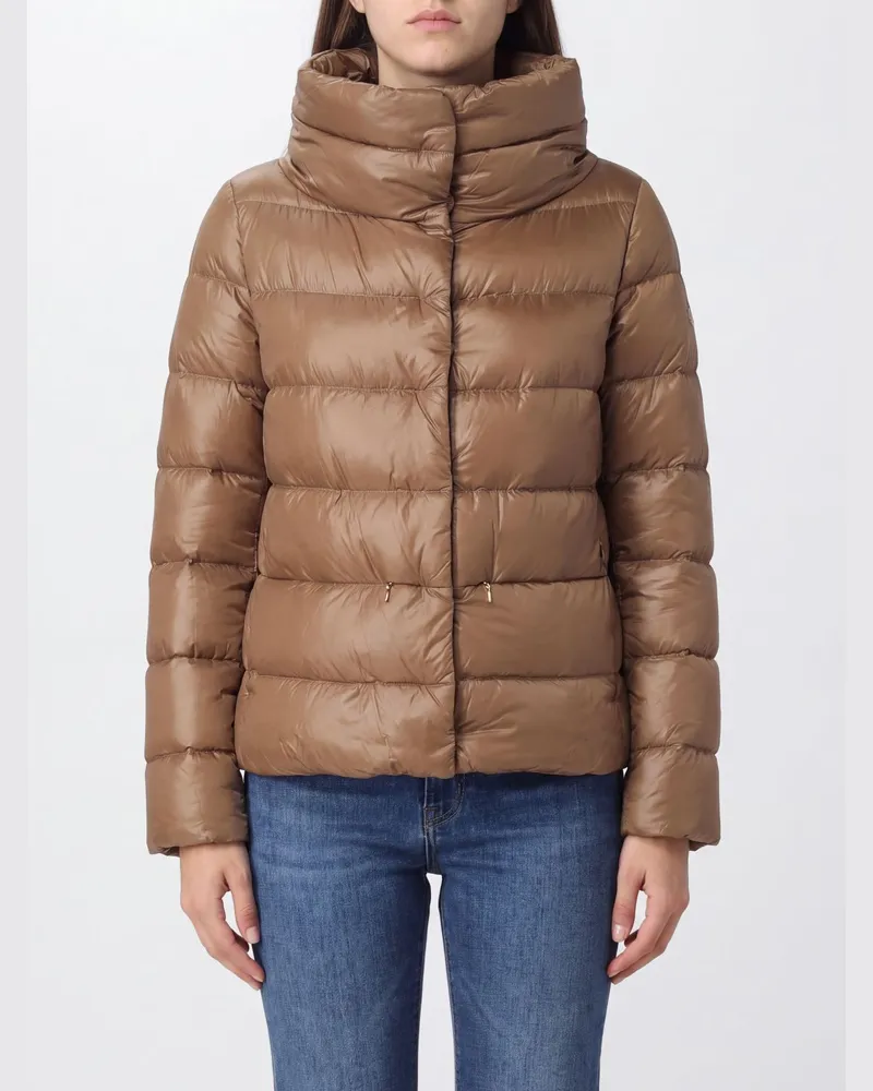 Herno Kurze gesteppte Ultraleicht-Nylon-Daunenjacke mit Stehkragen und Kordelzug Camel