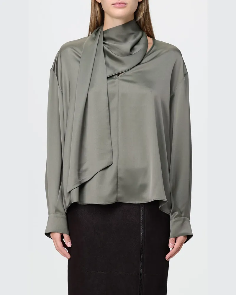 Pinko Satinbluse mit Schluppenkragen, langen Ärmeln und überschnittenen Schultern Braun