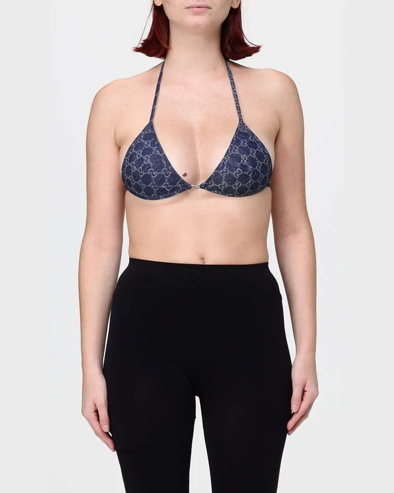 Gucci kurzes Triangel-Top aus Denim mit durchgehendem GG-Monogramm-Motiv Blau