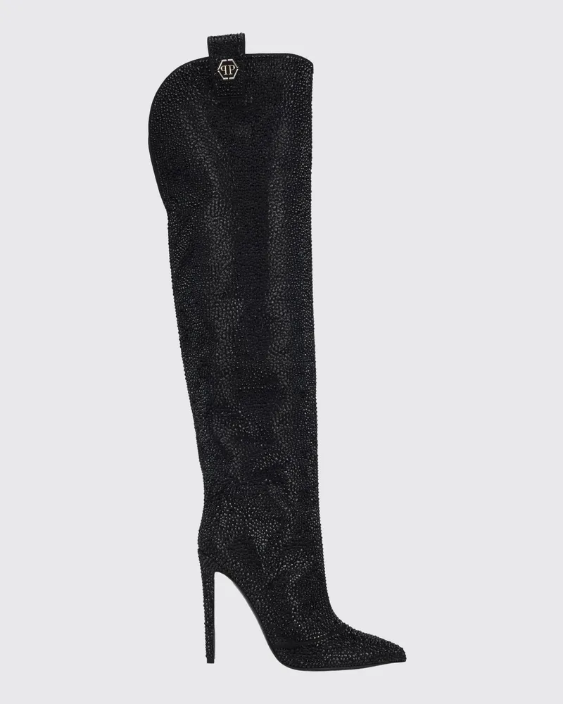 Philipp Plein Overknee-Stiefel aus Polyester mit Kristallen und hohem Absatz Schwarz