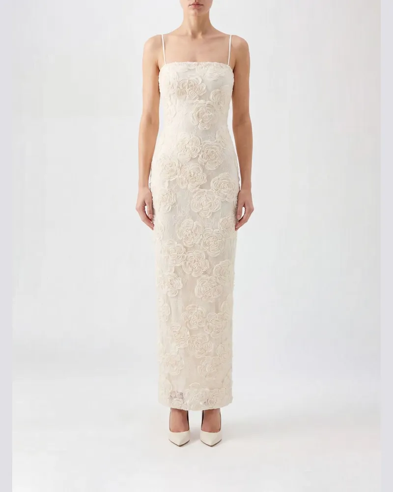 ROTATE Birger Christensen Langes schulterfreies Festkleid mit floralen Details Weiß