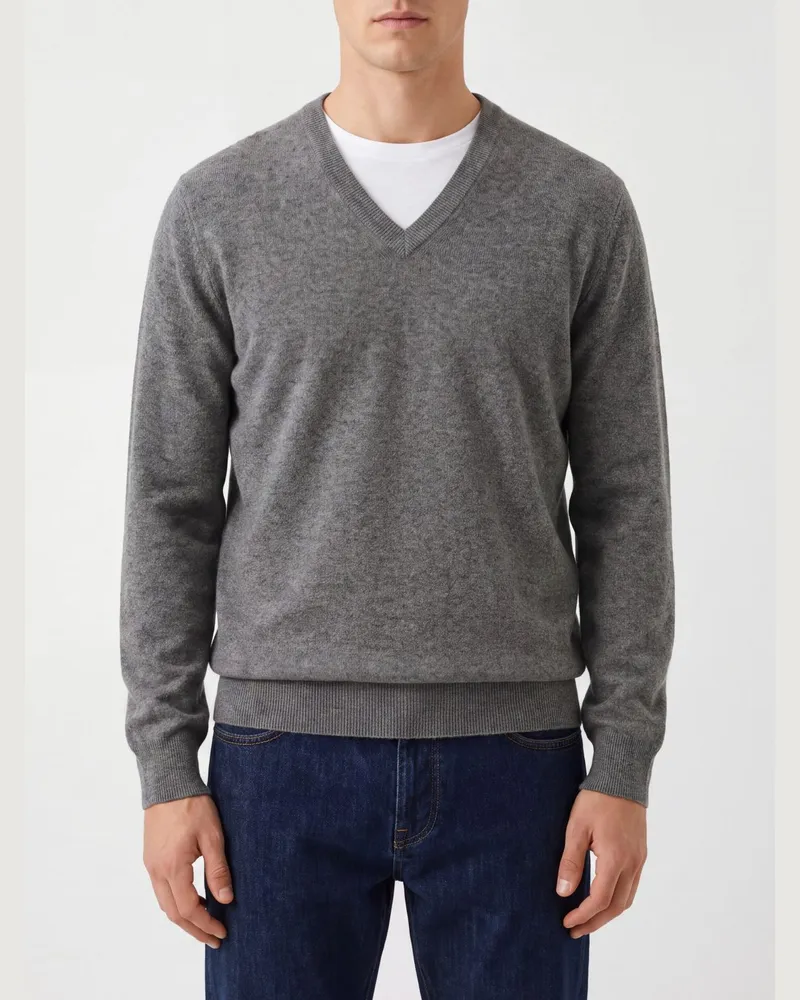 Brunello Cucinelli V-Ausschnitt-Pullover aus reinem Kaschmir mit Rippbündchen Grau
