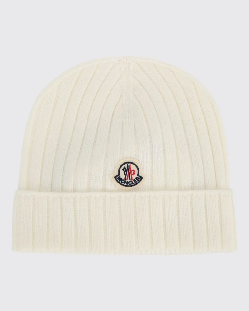 Moncler Gerippte Mütze aus extrafeiner Wolle für Mädchen mit Logo-Patch Cream
