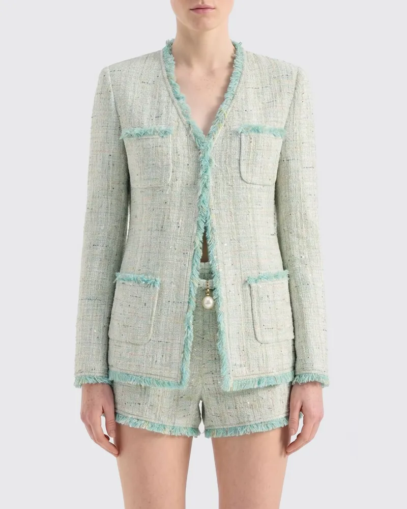 Genny Cropped-Blazer aus Baumwoll-Jacquard mit ausgefranstem Saum Grün