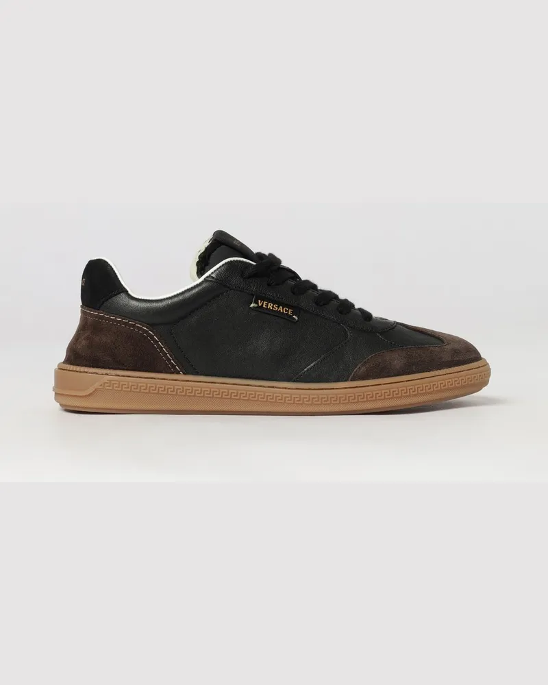 Versace Greca Court Bicolor Low-Top-Sneaker aus Leder und Veloursleder mit laminiertem Logo Schwarz