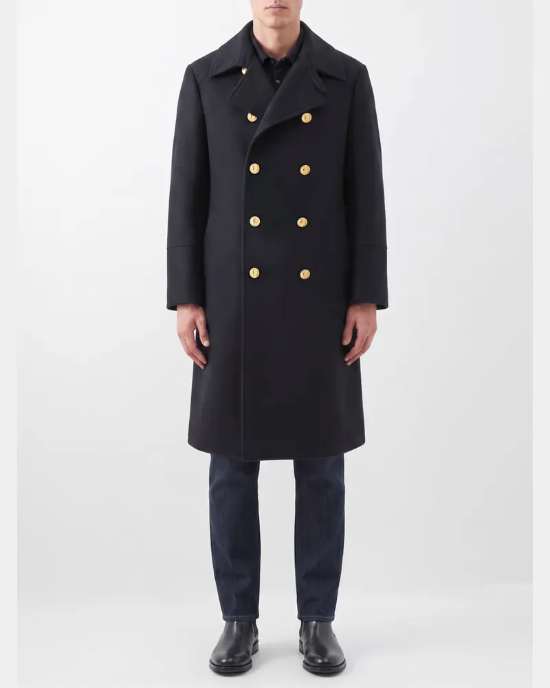Brunello Cucinelli Langer doppelreihiger Mantel von aus 100% Kaschmir mit Metallknöpfen Blau