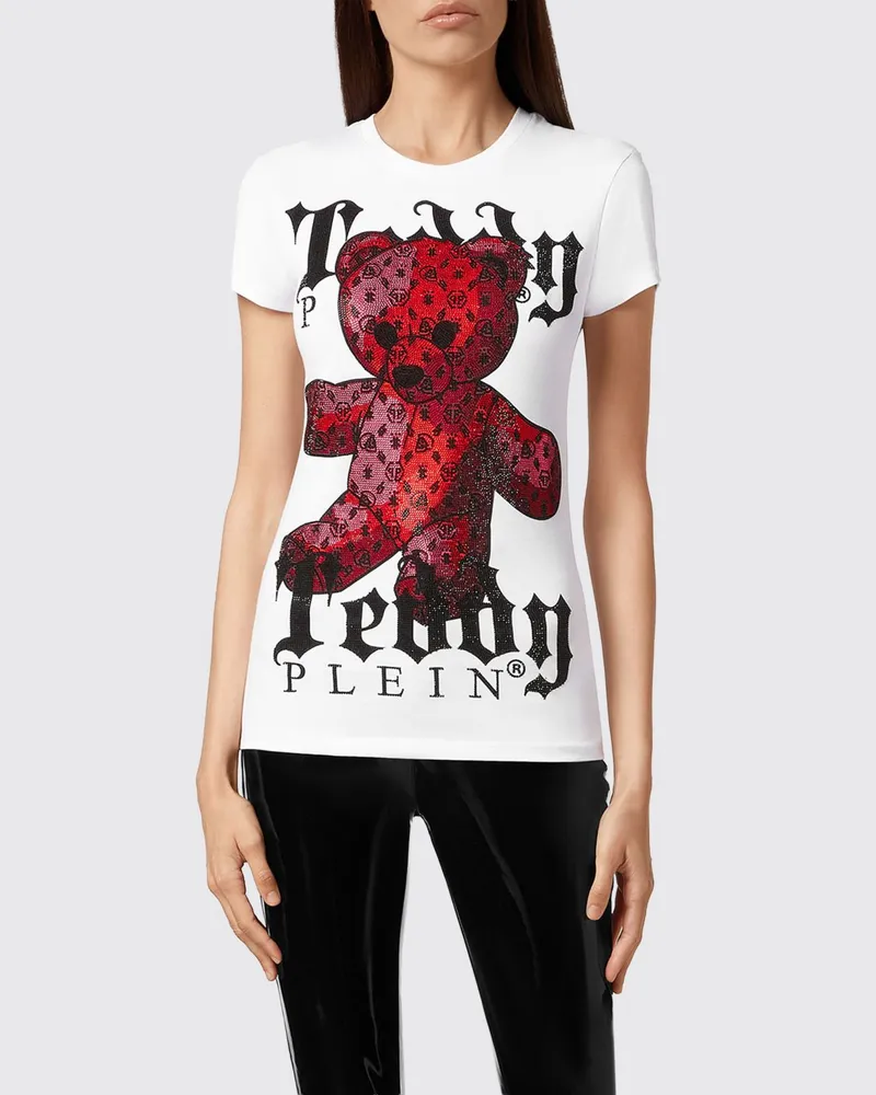 Philipp Plein Slim-Fit Jersey-T-Shirt mit Teddy-Grafik und Strasssteinen Weiß