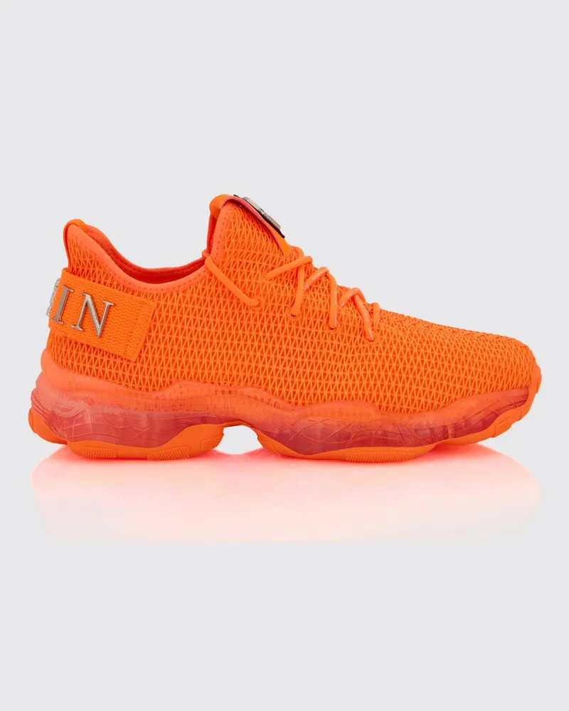 Philipp Plein Niedrige Schnür-Sneakers aus technischem Strickgewebe mit Logo Orange
