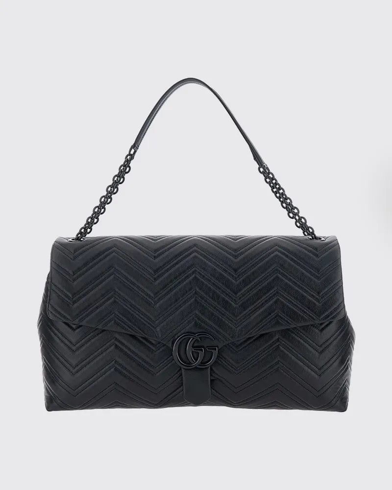 Gucci Große GG Marmont Schultertasche von aus schwarzem, gestepptem Nappaleder Schwarz