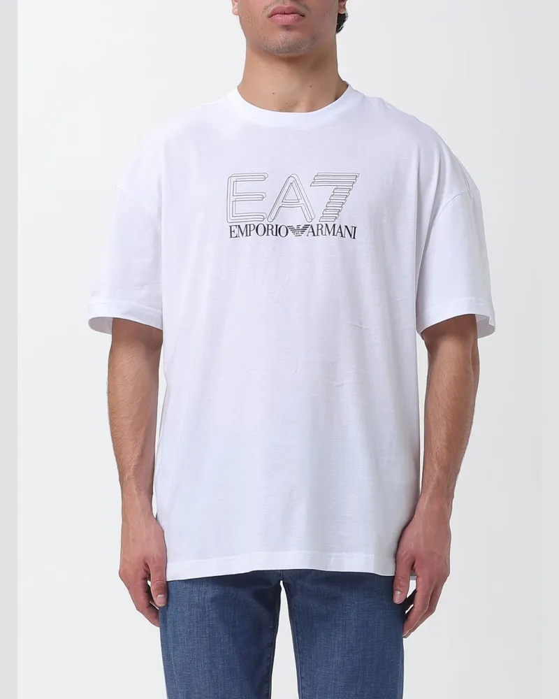 EA7 Rundhals-T-Shirt aus Baumwolle mit Logo Weiß
