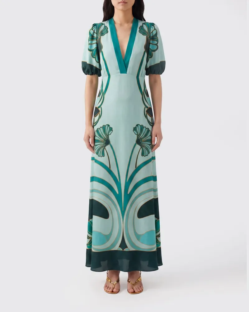 La DoubleJ Marlene langes Kleid aus bedruckter Seide Grün