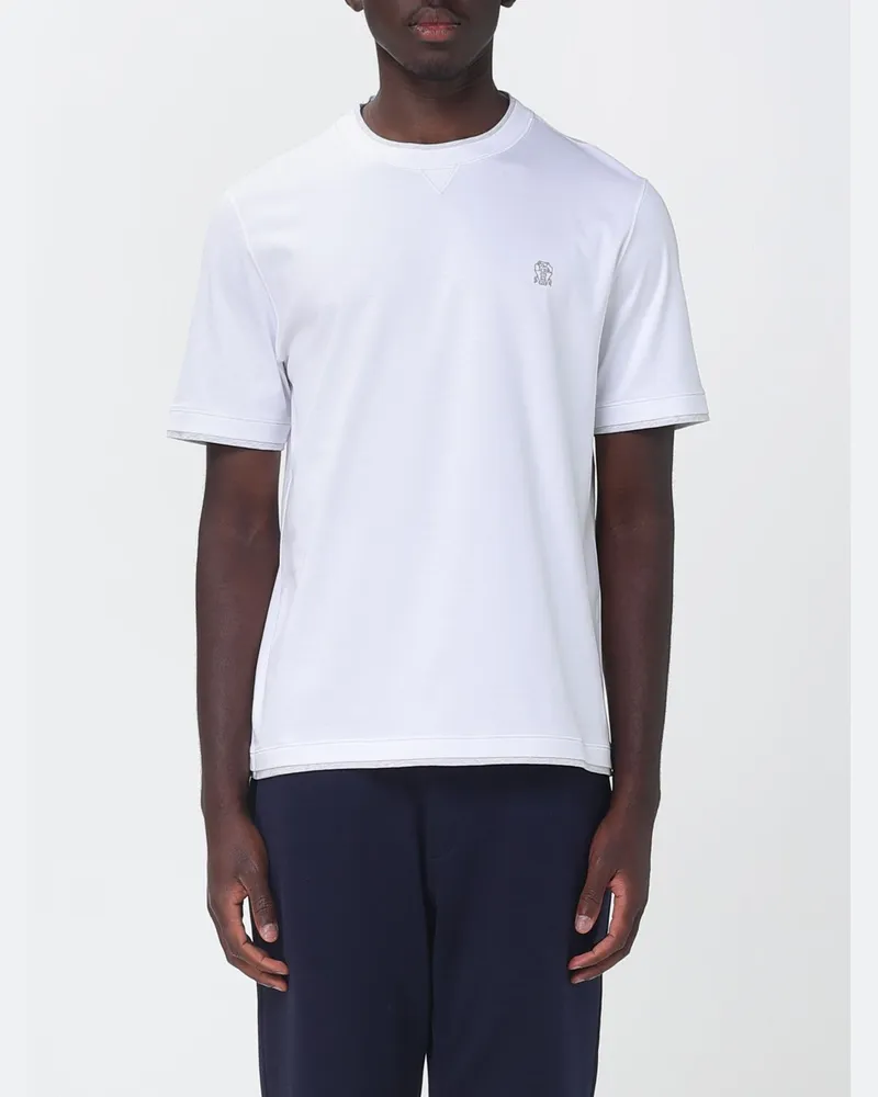 Brunello Cucinelli Schmal geschnittenes Baumwoll-T-Shirt mit Kontrastlogo und -besätzen Weiß