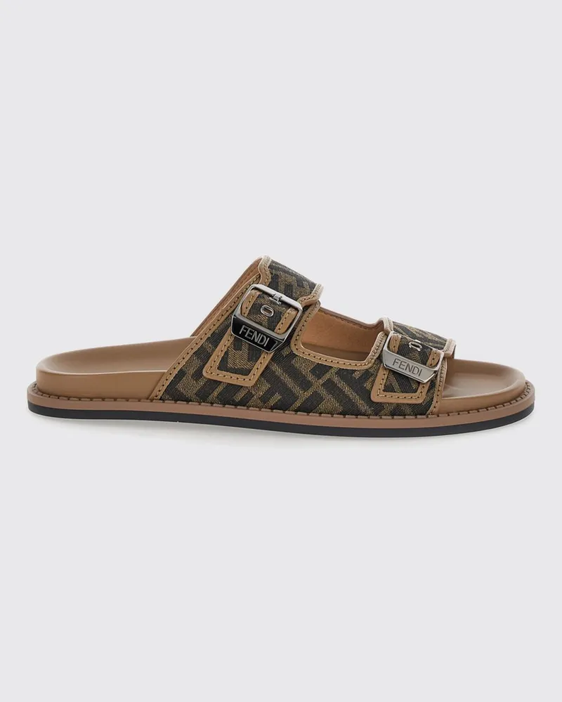 Fendi Flache Feel Sandalen aus Leder und Stoff mit FF-Monogramm und Doppelriemen Braun