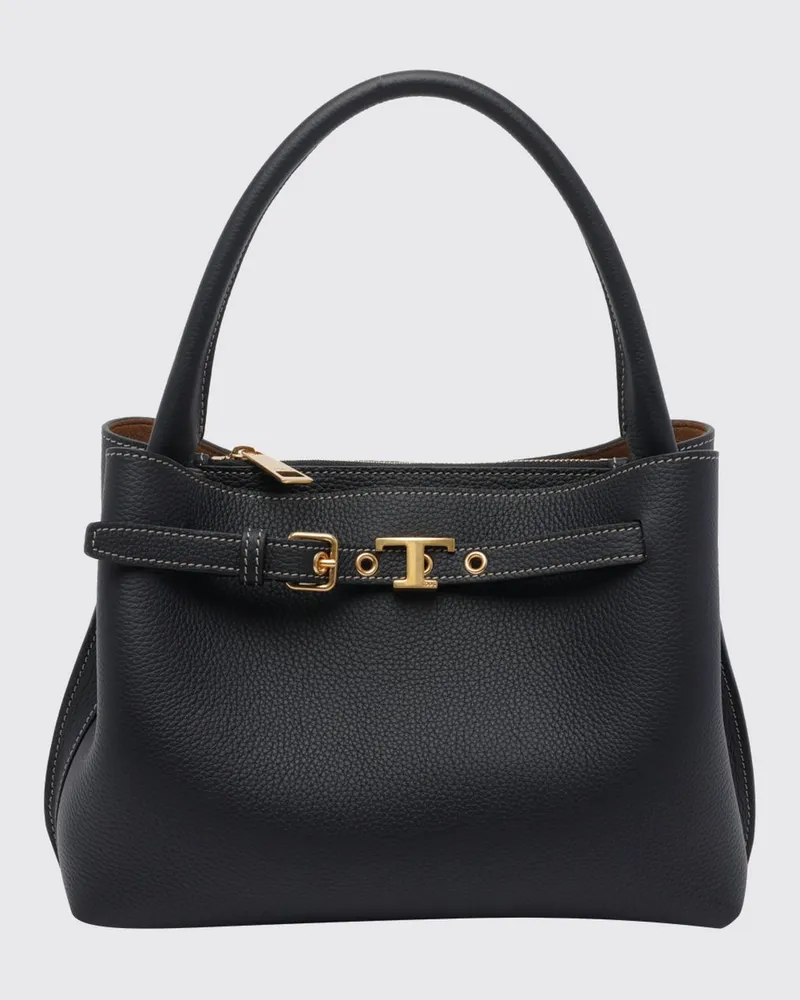 TOD'S Kleine Schultertasche aus genarbtem Leder mit T Timeless-Logo Schwarz