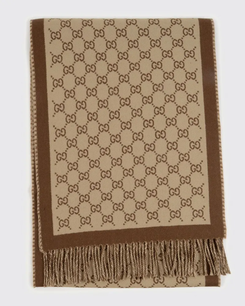 Gucci Wollschal mit GG-Jacquard-Monogrammmuster und Fransensaum Braun