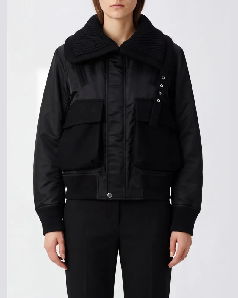 Sacai Gefütterte Nylon-Bomberjacke mit Kapuze und Pelzkragen Schwarz