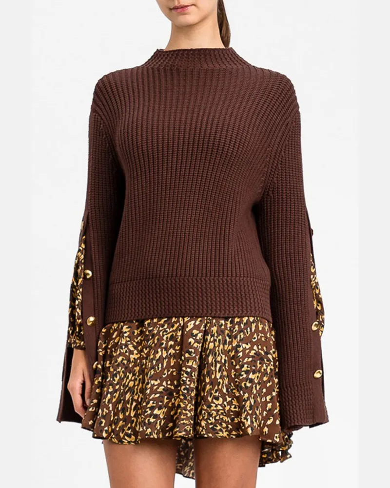 Twin-Set Pullover von aus Viskosemischung mit Stehkragen und Metallknöpfen Braun