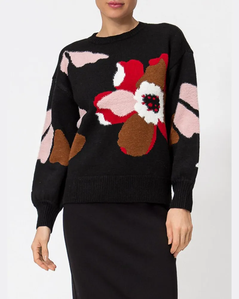 Twin-Set Pullover mit Rundhalsausschnitt aus Wollmischung, Blumenmuster und überschnittenen Schultern Bunt
