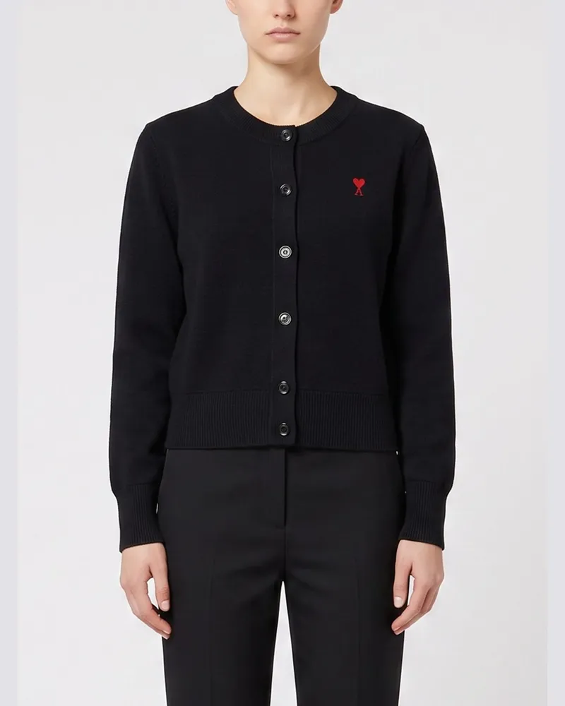 AMI Paris Rundhals-Cardigan aus reiner Merinowolle mit gesticktem Logo Schwarz