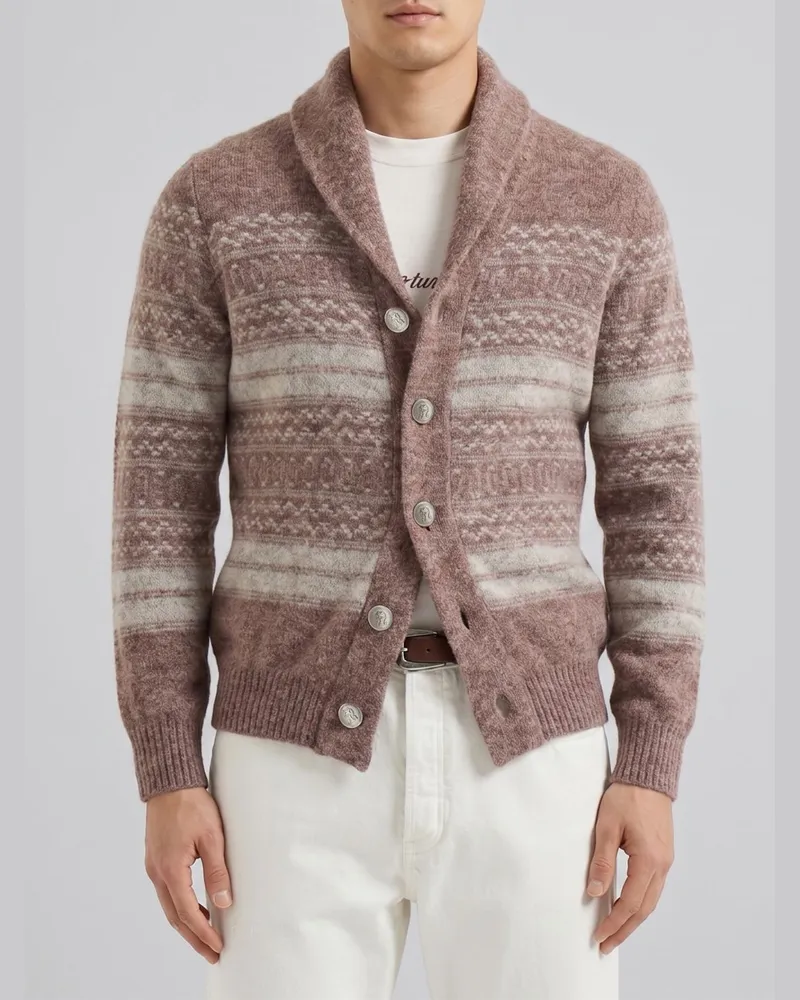Brunello Cucinelli Gestreifter Cardigan aus Alpaka-Woll-Mischung mit Schalkragen Rot