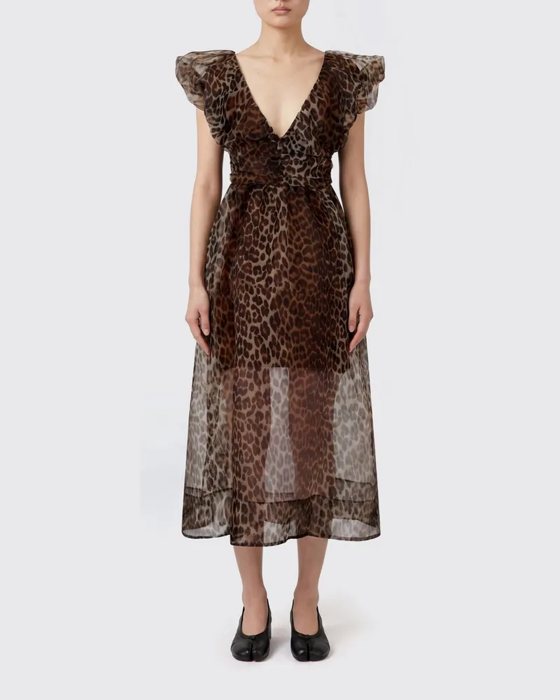 Ganni Midi-Kleid aus recyceltem Polyester mit Animal-Print Bunt