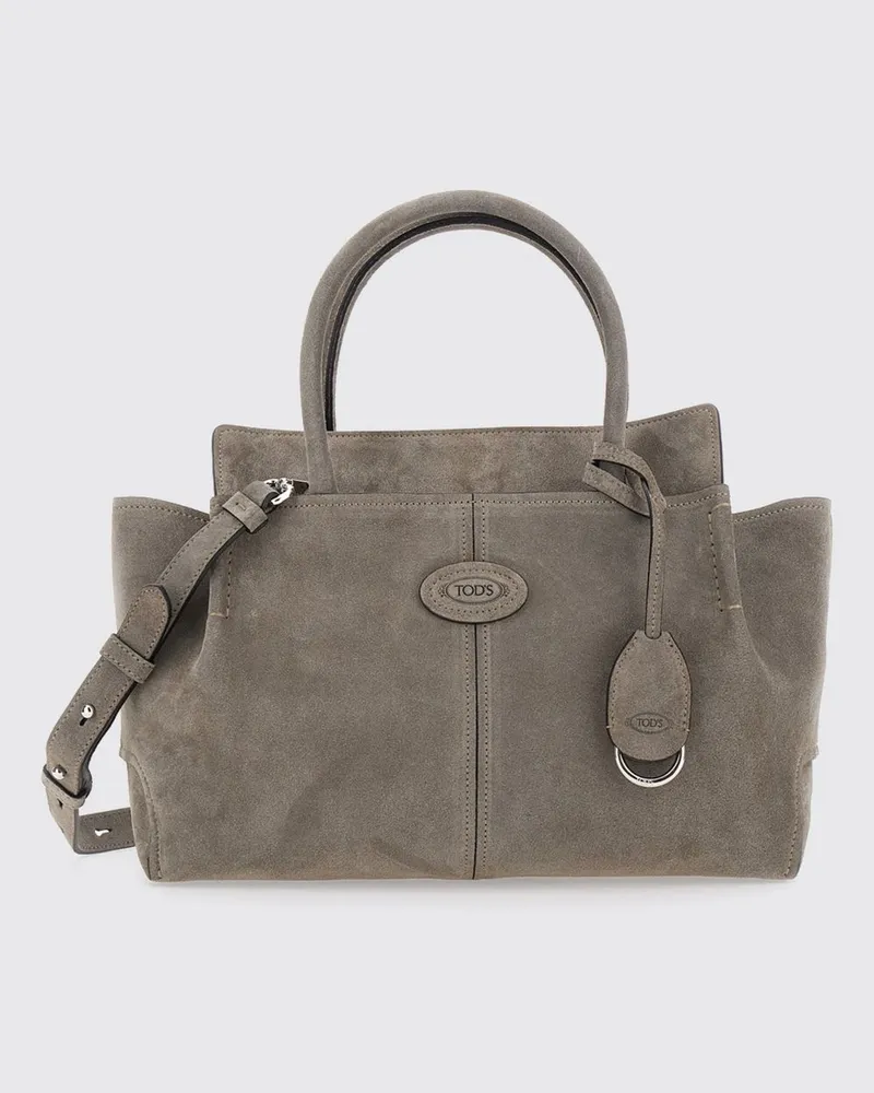 TOD'S Handtasche aus Leder und Wildleder mit doppeltem Henkel und Logo-Anhänger Grau