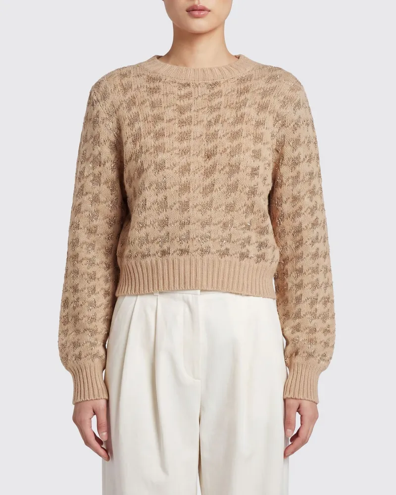 Twin-Set Pullover mit Hahnentrittmuster von aus Wollmischung und Lurex Braun