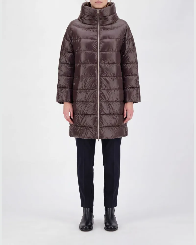 Herno Langer Daunenmantel aus gestepptem Nylon mit Stehkragen und Daunenfüllung Braun