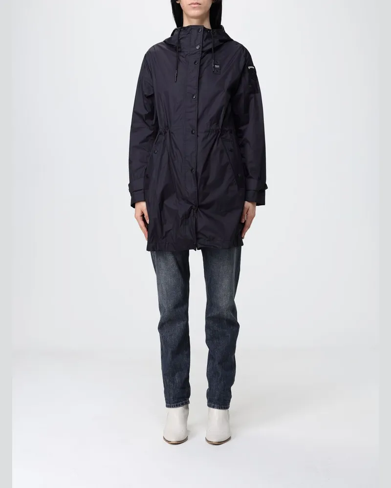 Blauer Nylon-Regenmantel mit Kapuze Schwarz