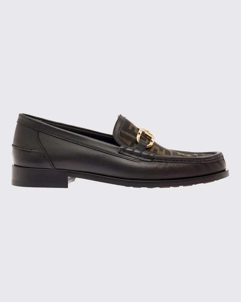 Fendi O'Lock Penny Loafers aus Kalbsleder mit Klemme und FF-Gewebe Schwarz