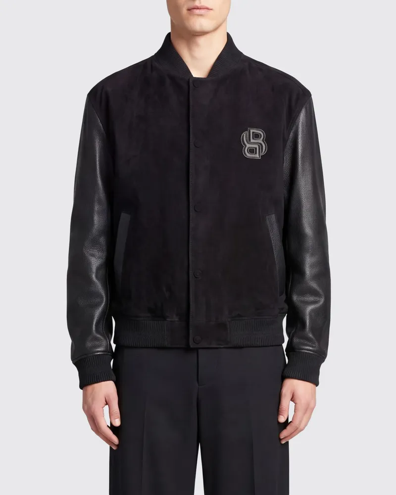 HUGO BOSS Varsity-Bomberjacke aus Kunstleder mit Ton-in-Ton-Logo von Schwarz