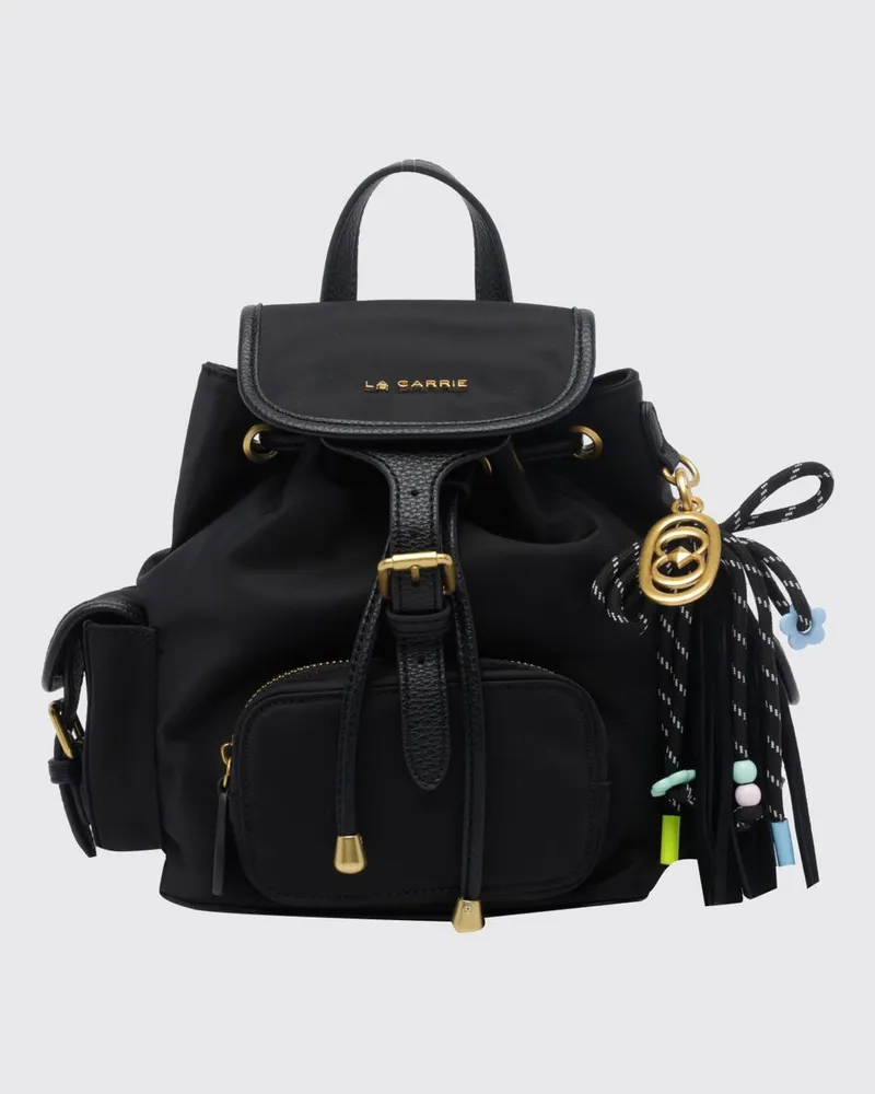 LA CARRIE zweifarbiger Nylon-Rucksack mit aufgesetzten Taschen und Quasten Schwarz