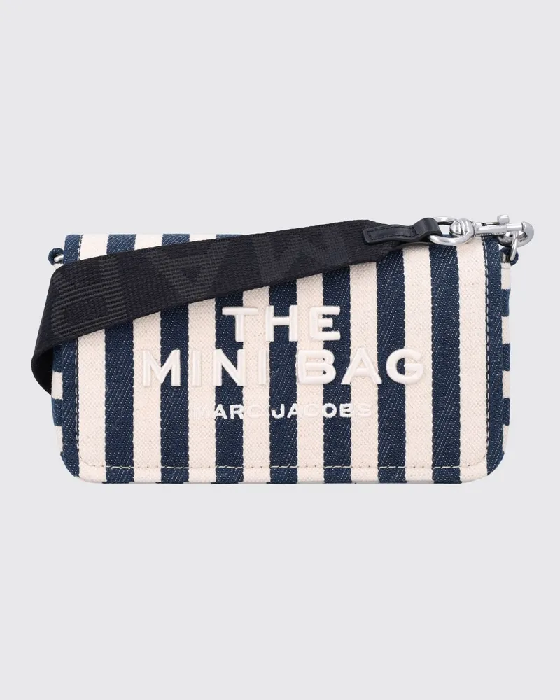 Marc Jacobs The Mini Bag gestreifte Umhängetasche aus Denim und Leinen mit Logo Blau