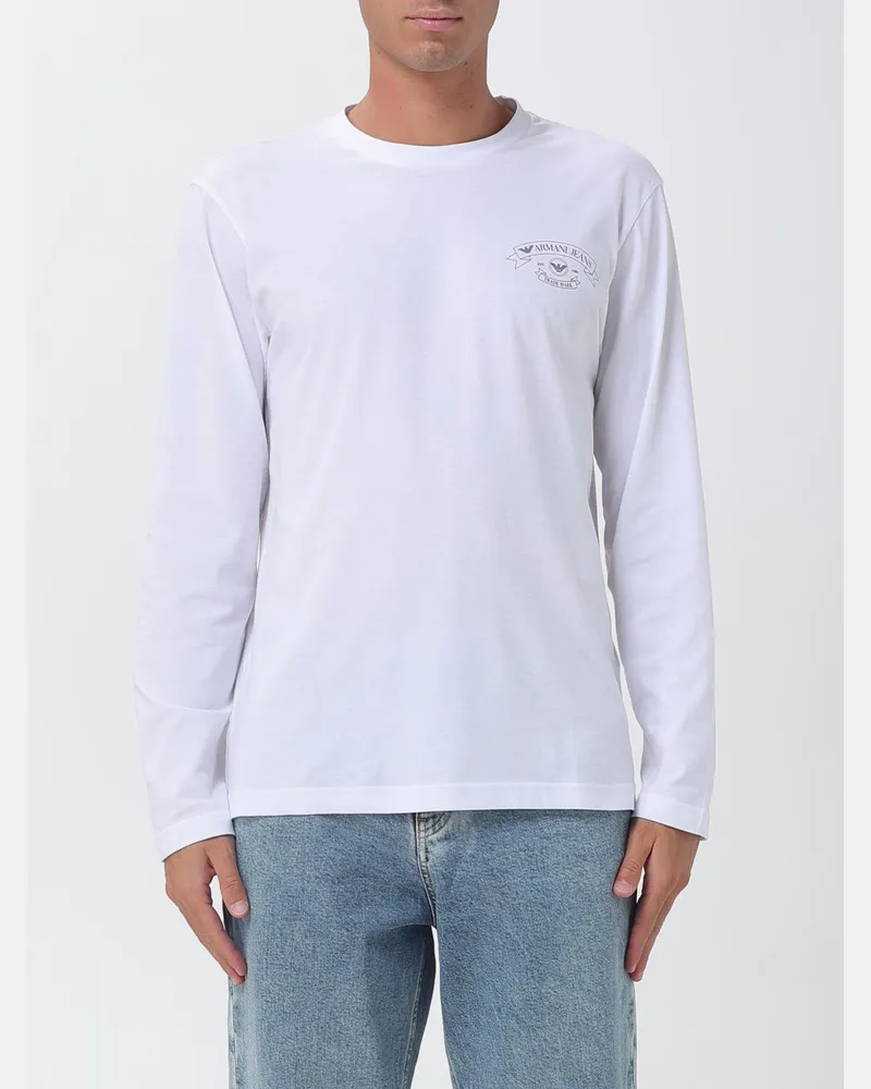 Emporio Armani Langärmeliges Baumwoll-T-Shirt mit Kontrast-Logo Weiß