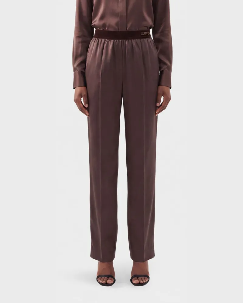 Tom Ford Schmal geschnittene Seidenhose mit Logo-Bund Kaffee