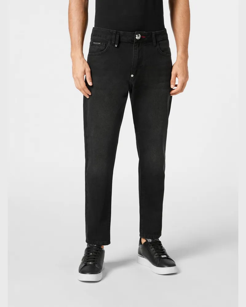 Philipp Plein Detroit Slim Fit Jeans aus Baumwoll-Denim mit mittlerer Leibhöhe Schwarz