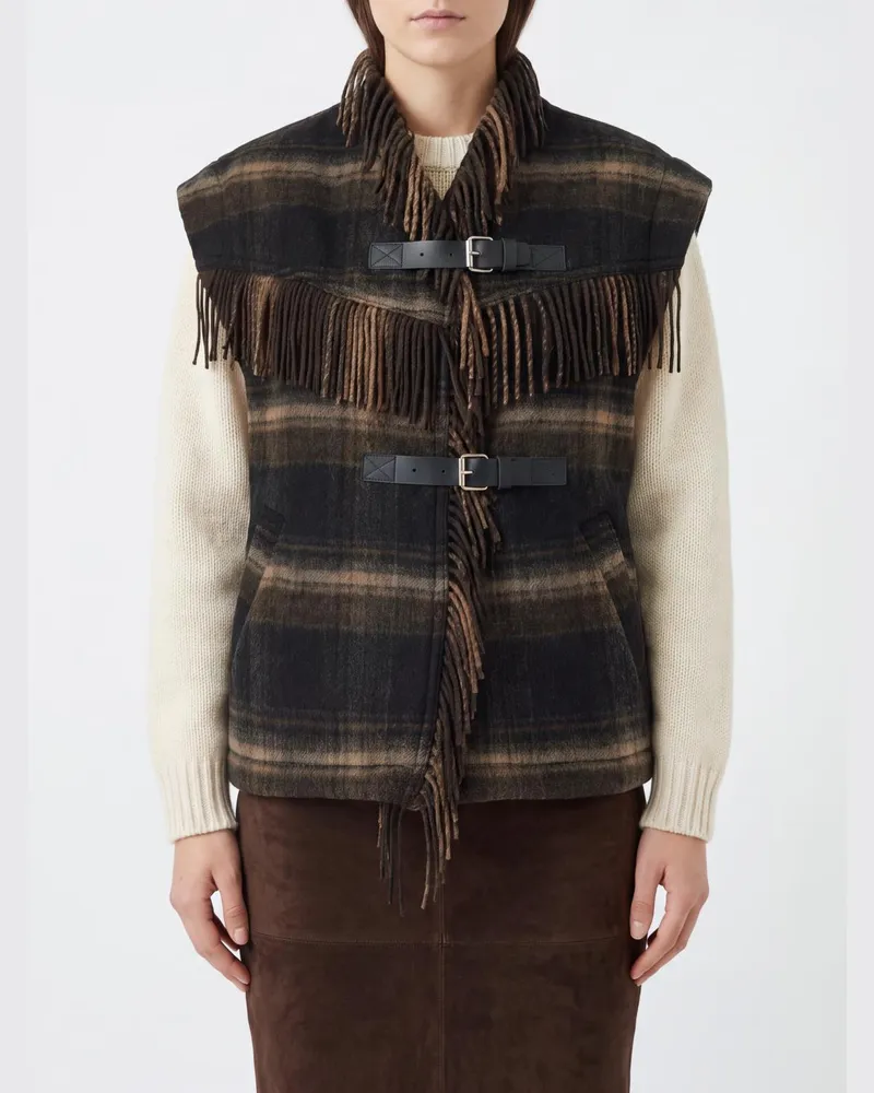 Étoile Isabel Marant Hochgeschlossene Tartan-Weste aus Wollmischung mit Fransen Schwarz