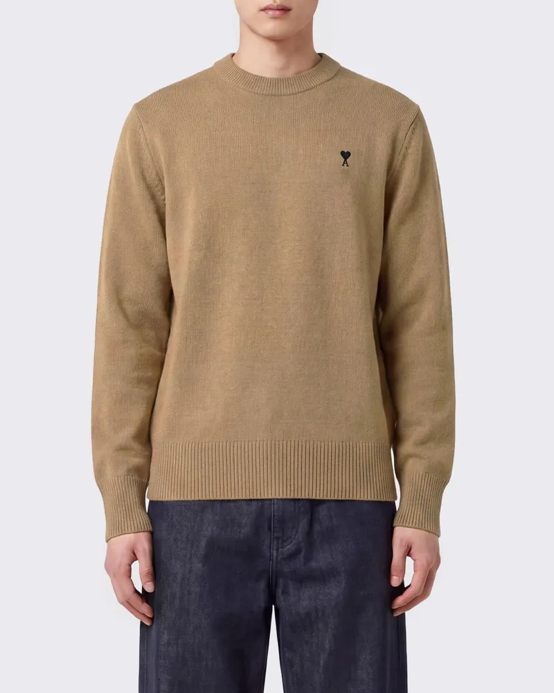 AMI Paris Wollpullover mit Rundhalsausschnitt und Ami de Coeur-Logostickerei Beige
